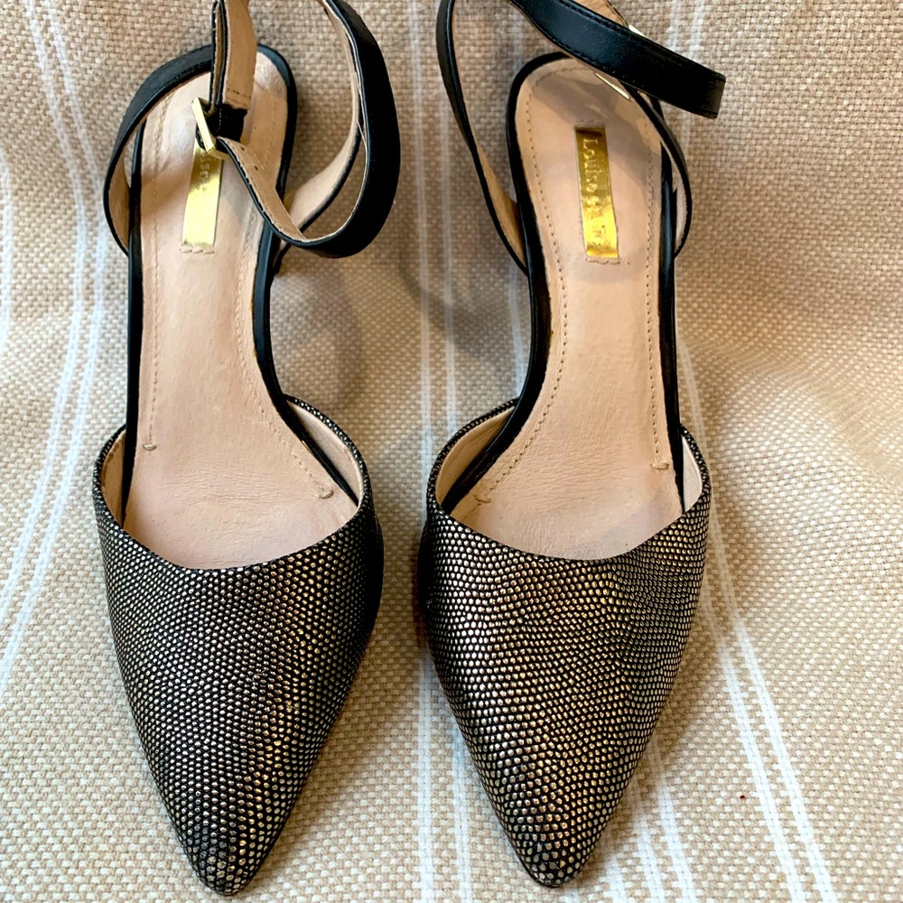 Louise et Cie black/gold pointed pumps with ankle strap, size 8